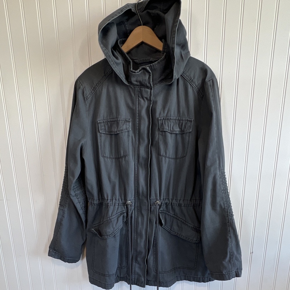 Gray Anorak Utility Jacket Womens L Hooded Drawstring Waist Zip Pockets women